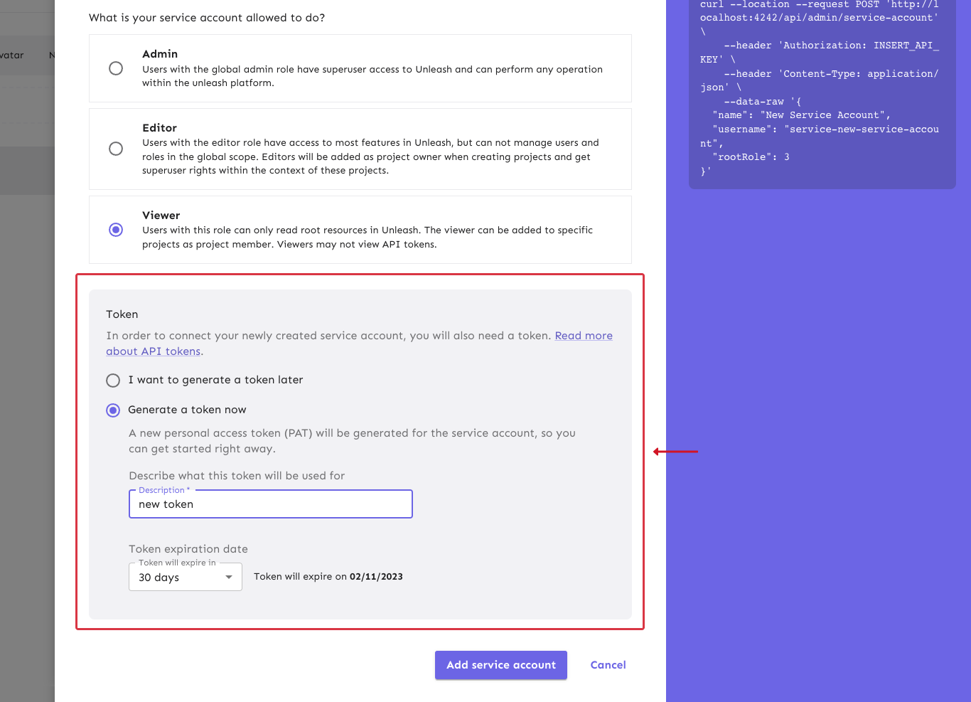 The service account form with the token section highlighted and the &quot;generate a token now&quot; option selected